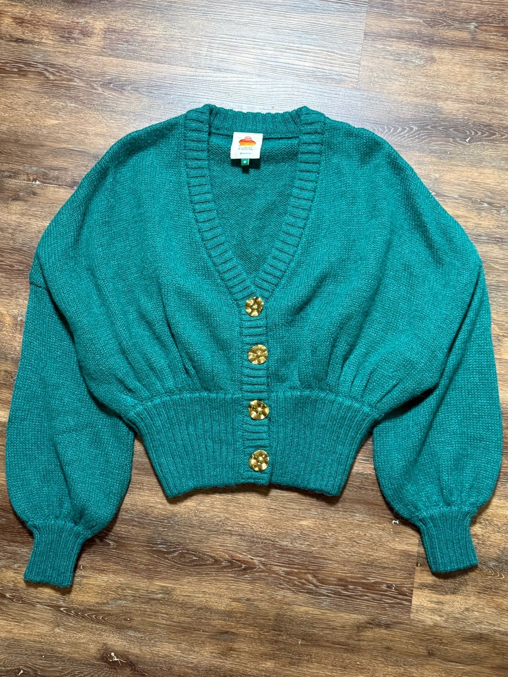 Farm Rio | Knit Cropped Cardigan Balloon Sleeve Sweater | Green | Size M - Picture 2 of 14